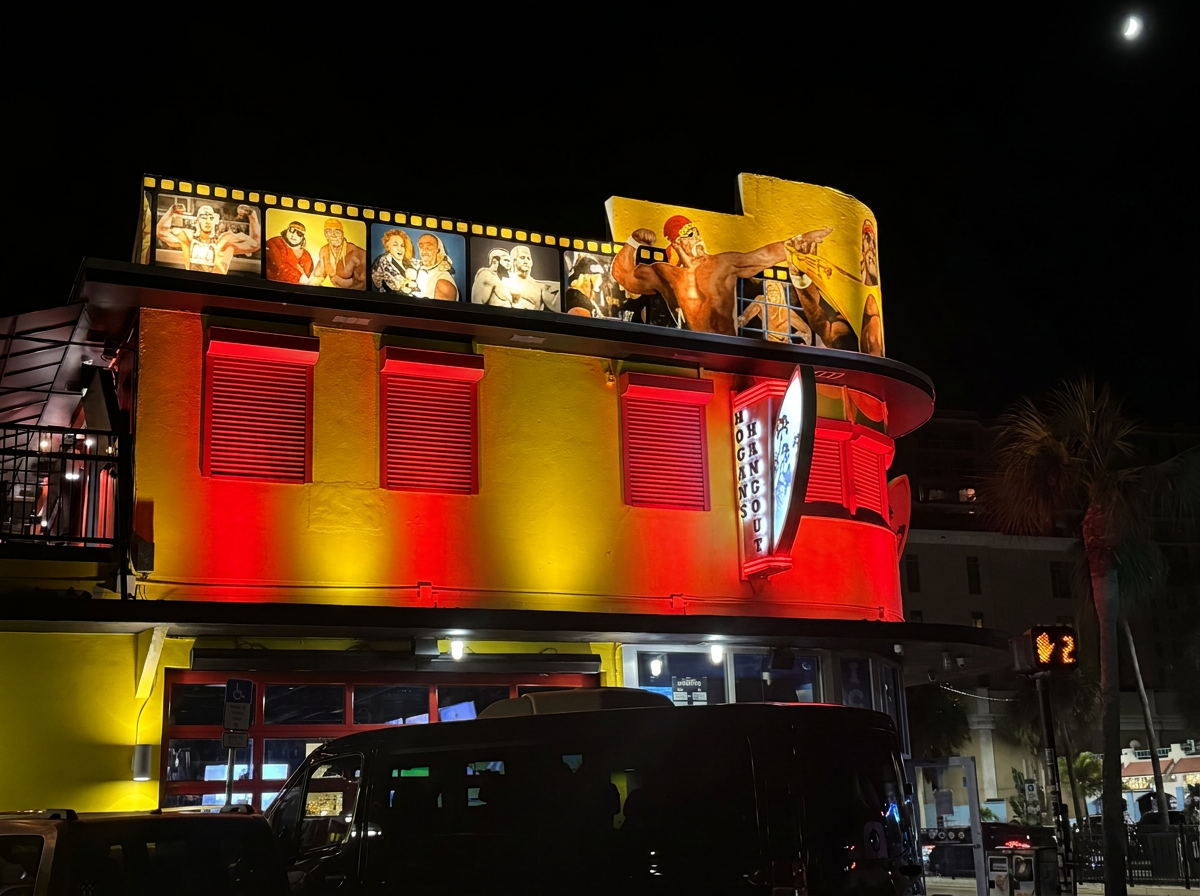 Hogan's Hangout Hulk Hogan beach club Clearwater Beach full RGBW red yellow LED lighting at night