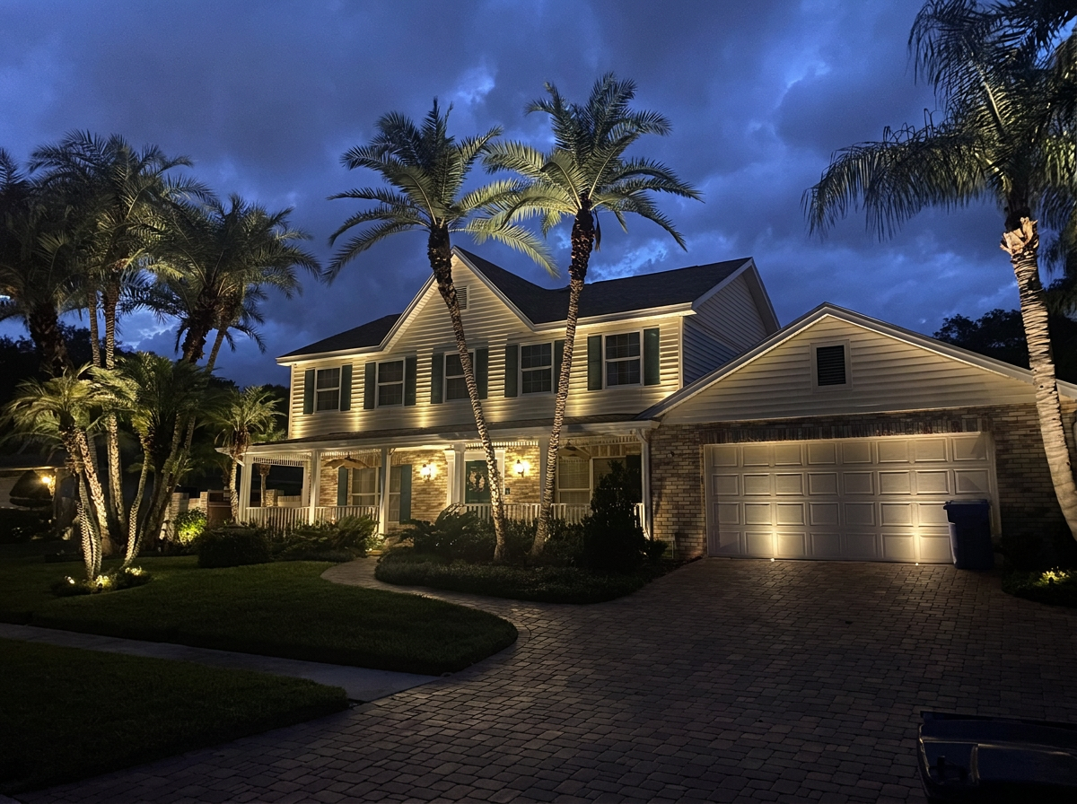 Colonial Florida estate with full architectural and palm LED uplighting at night