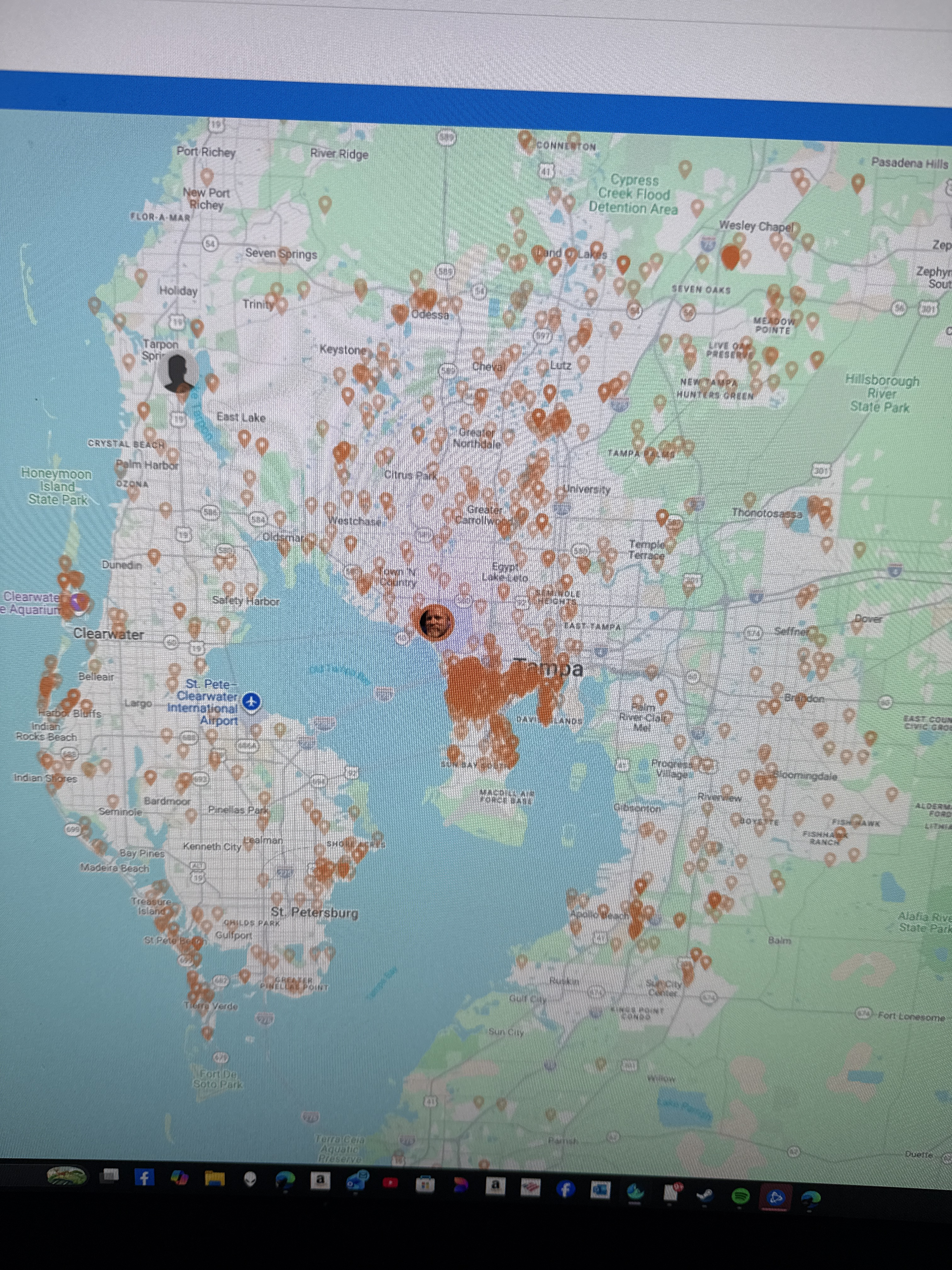 Tampa Bay area map showing dense LED Artistry client coverage across Tampa, Clearwater, St. Petersburg, Wesley Chapel, and the entire metro area