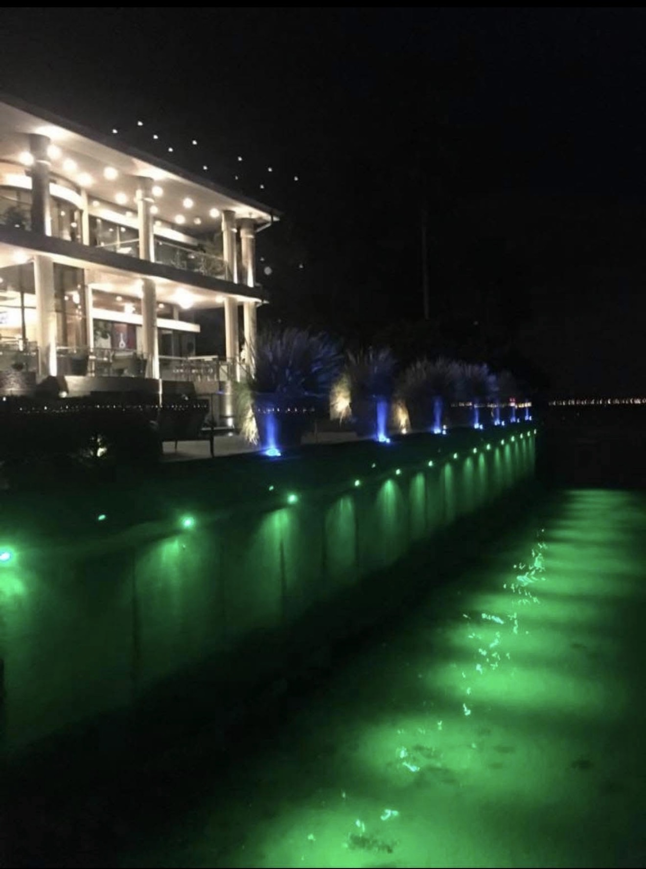 Culbreath Isles waterfront estate panoramic night view — green seawall underwater lights reflecting off water, blue RGBW accent uplights on tropical plants, two-story home by LED Artistry