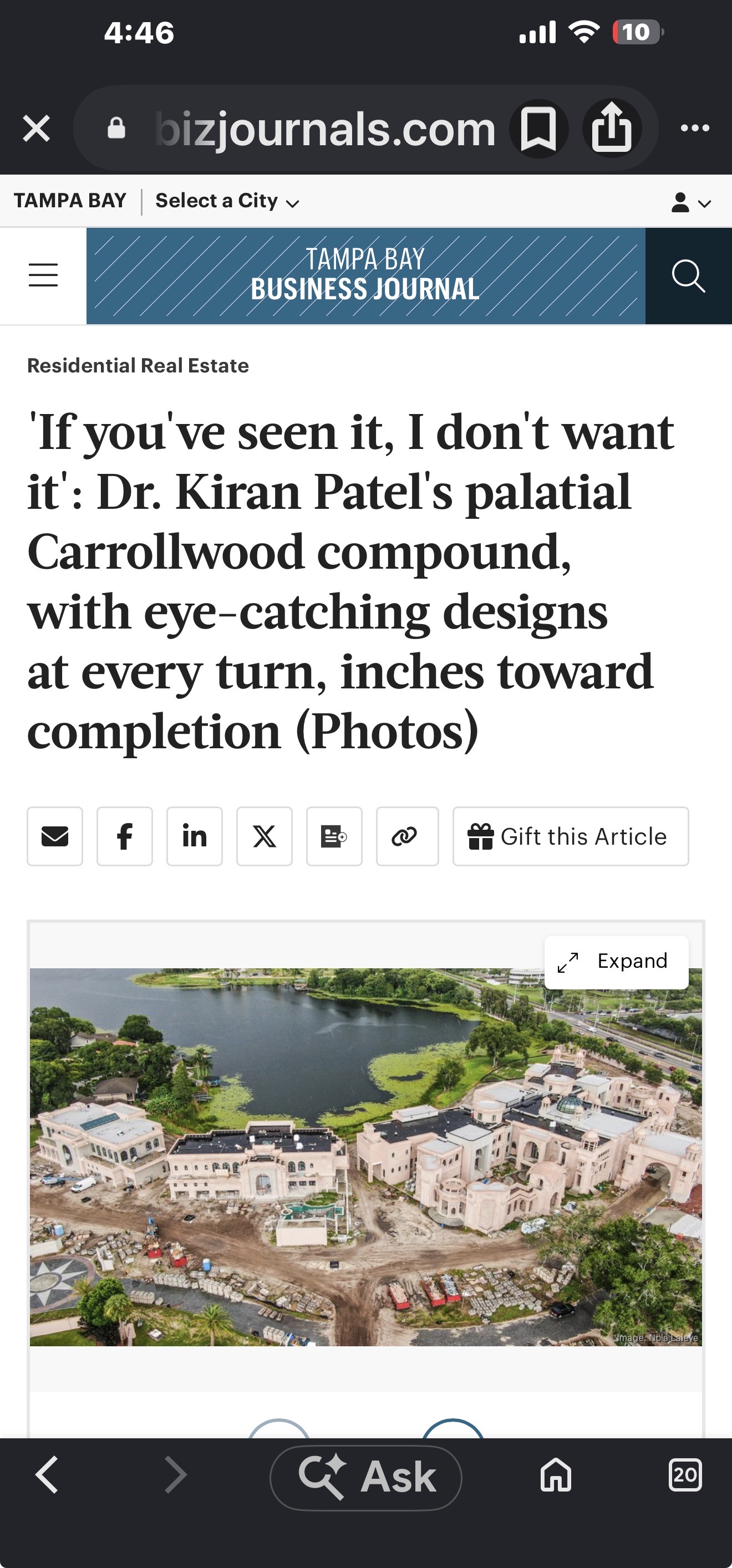 Tampa Bay Business Journal article about Dr. Kiran Patel's palatial Carrollwood compound