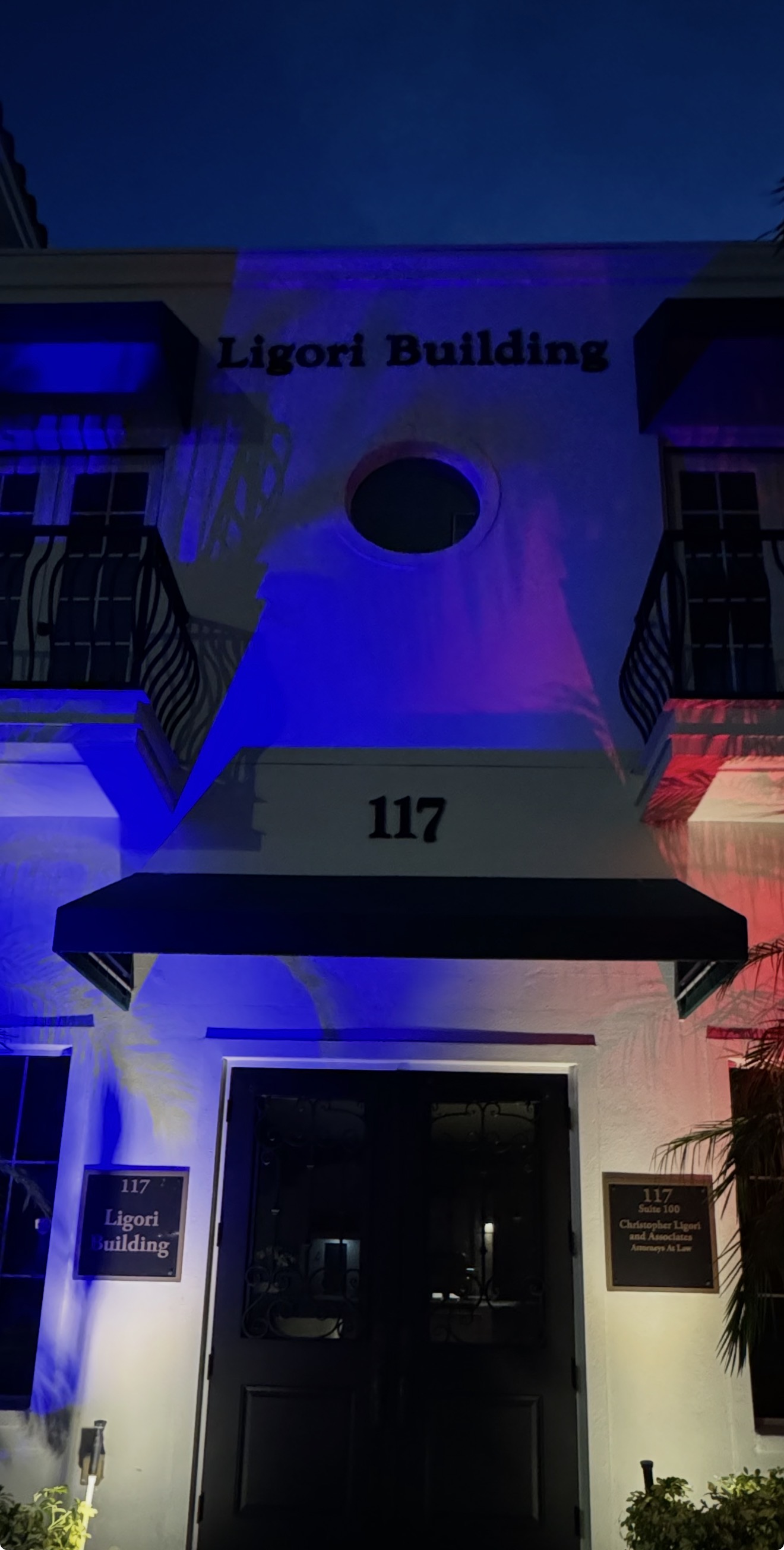Ligori Building Tampa law office with blue purple RGBW LED architectural uplighting at night
