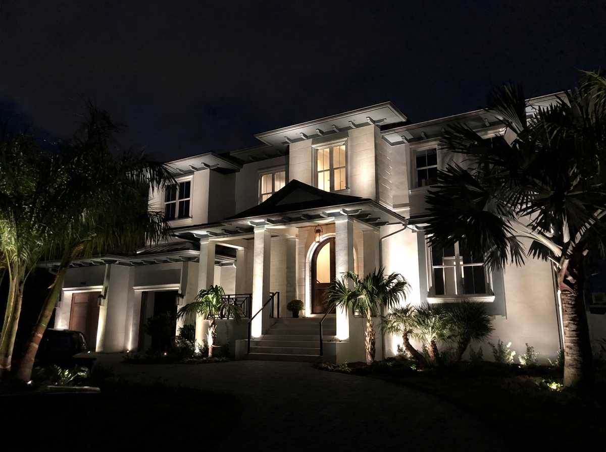 Denard Span MLB star luxury estate Tampa Bay with full architectural and palm LED uplighting at night