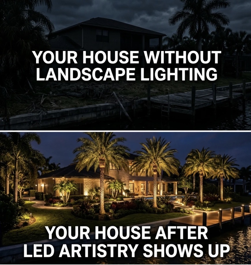 Before and after comparison - your house without landscape lighting vs after LED Artistry shows up