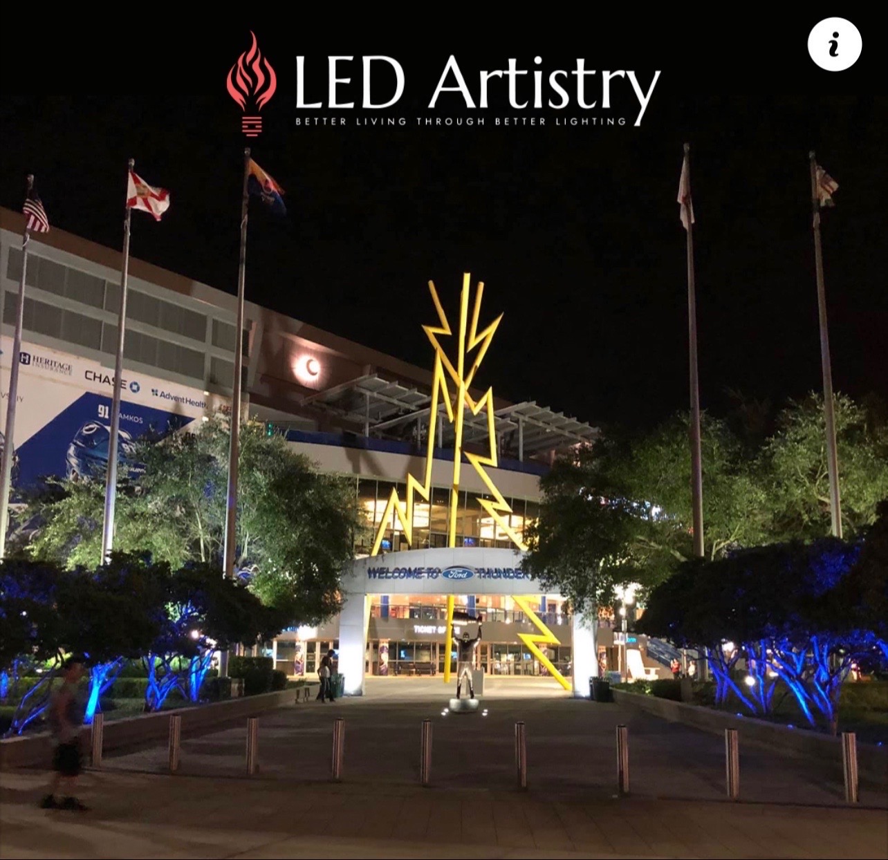 Tampa Bay Lightning Amalie Arena Ford Thunder Alley blue tree uplighting and lightning bolt LED Artistry