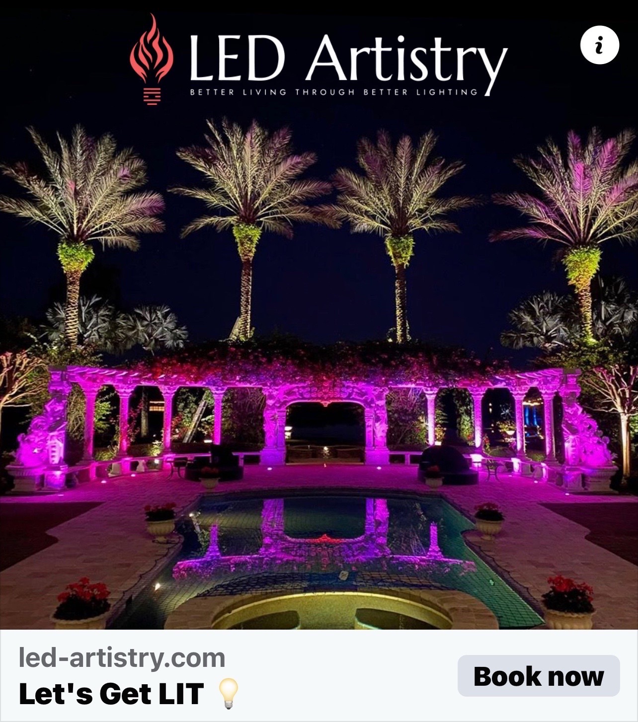 Luxury estate with dramatic pink RGBW LED lighting on arches, palms and reflection pool