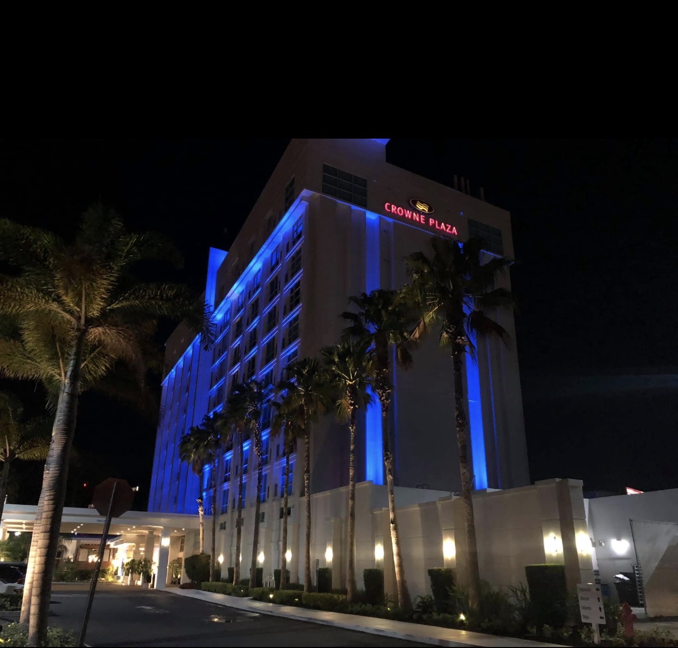 Hotel Alba Tampa Crowne Plaza era — front angle with blue RGBW facade wash, palm trees, porte-cochère entrance lit by LED Artistry
