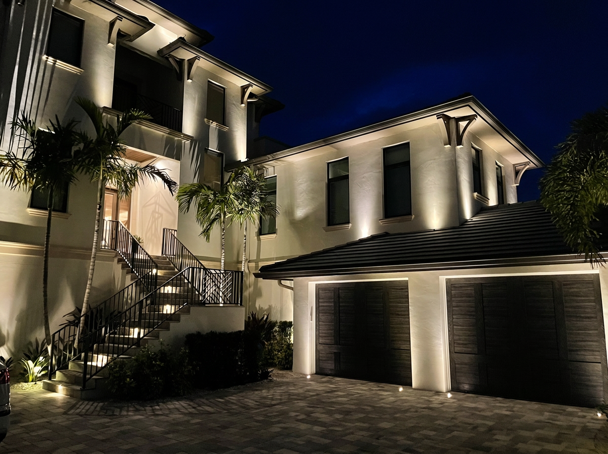 Luxury resort estate with pink purple RGBW LED lighting on arched pergola and tropical palms at night