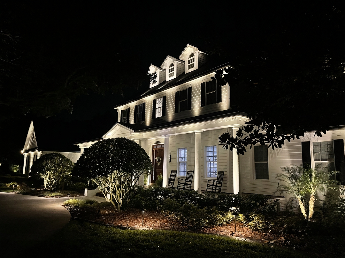 Outdoor living space with professional LED lighting transformation at night