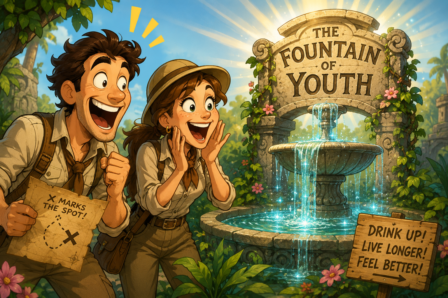 The Fountain of Youth — explorers discovering a magical fountain with sign reading Drink Up, Live Longer, Feel Better
