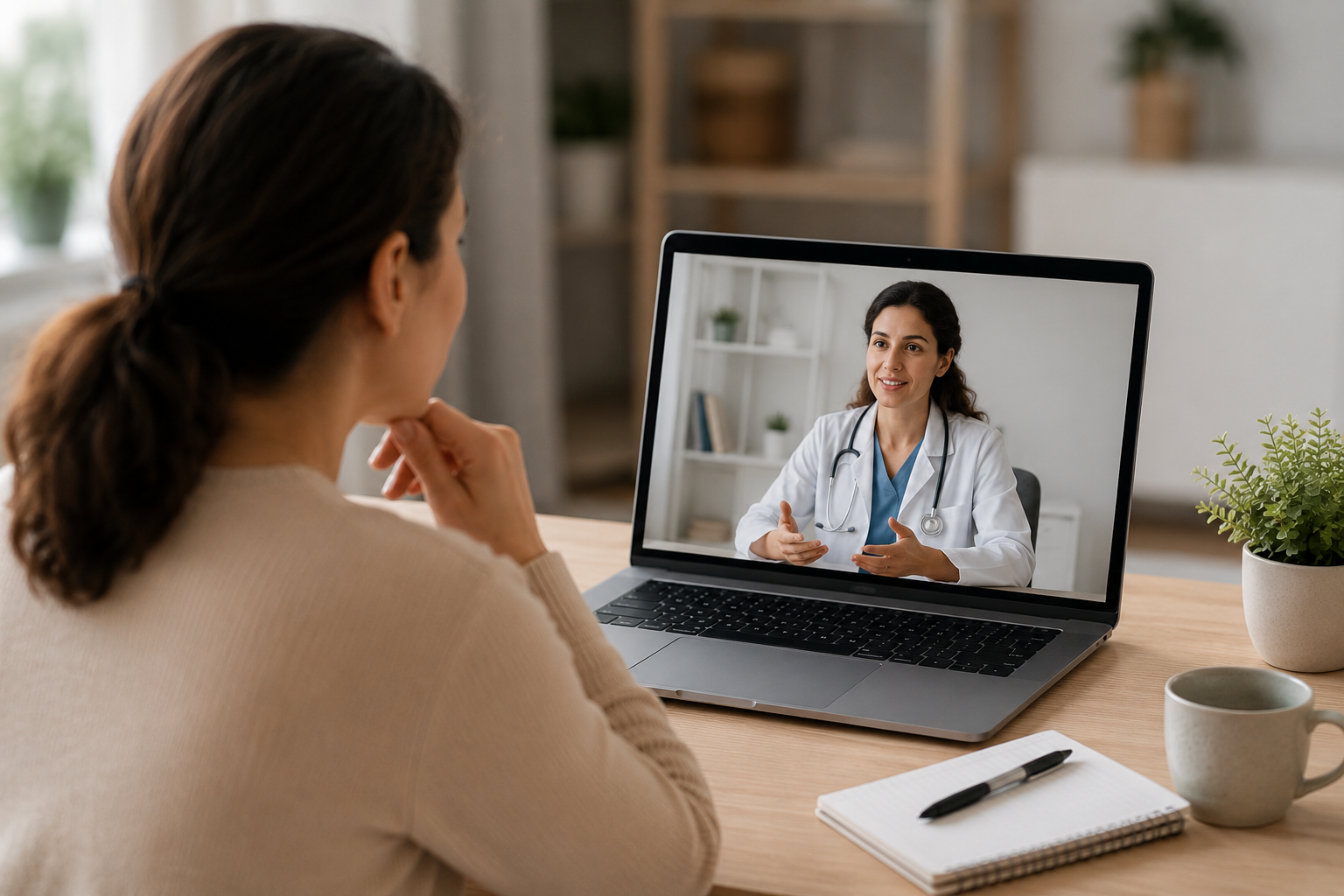 Woman having an online weight loss consultation from home on her laptop with a physician