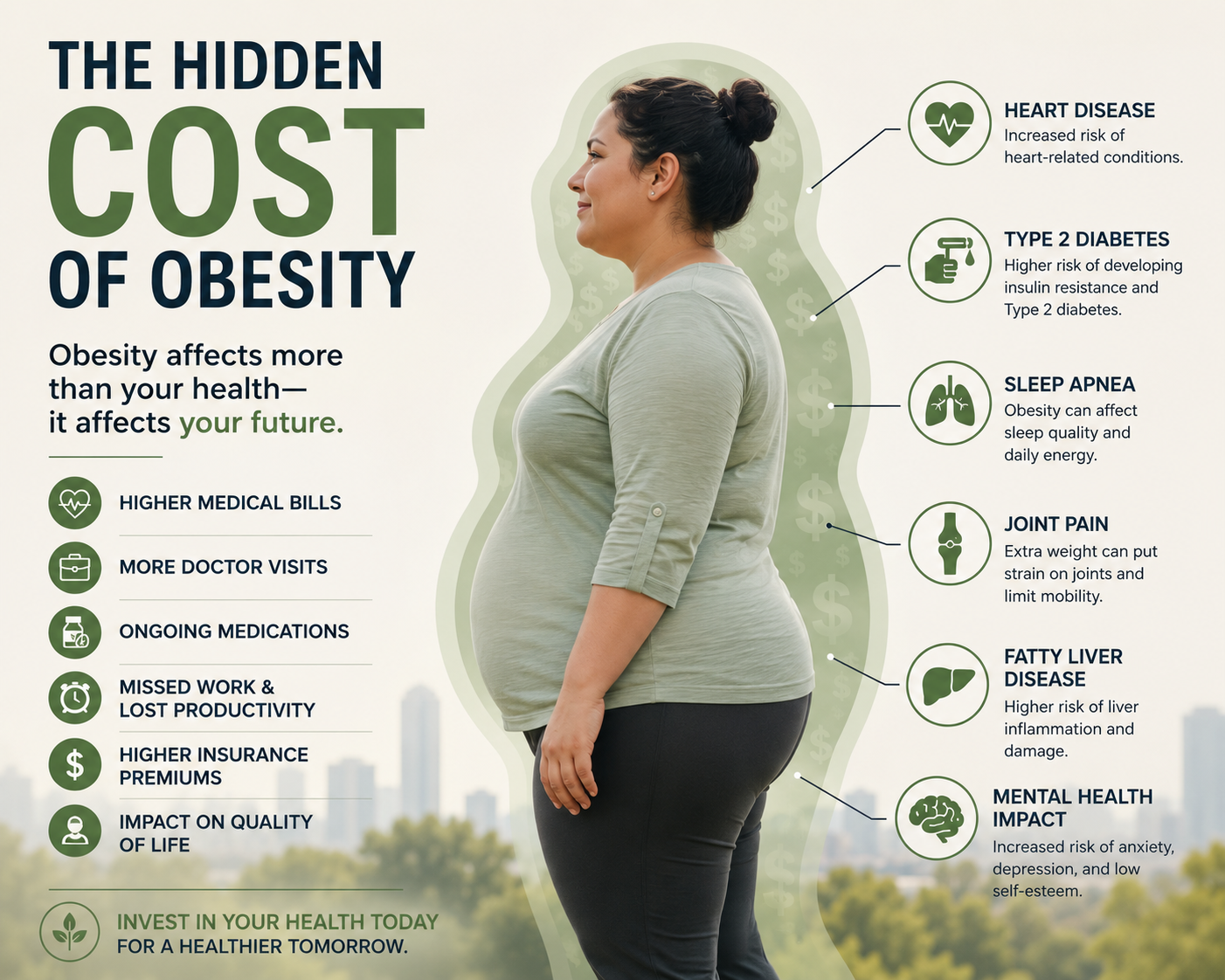 The Hidden Cost of Obesity — infographic showing health risks including heart disease, type 2 diabetes, sleep apnea, joint pain, fatty liver disease, and mental health impact