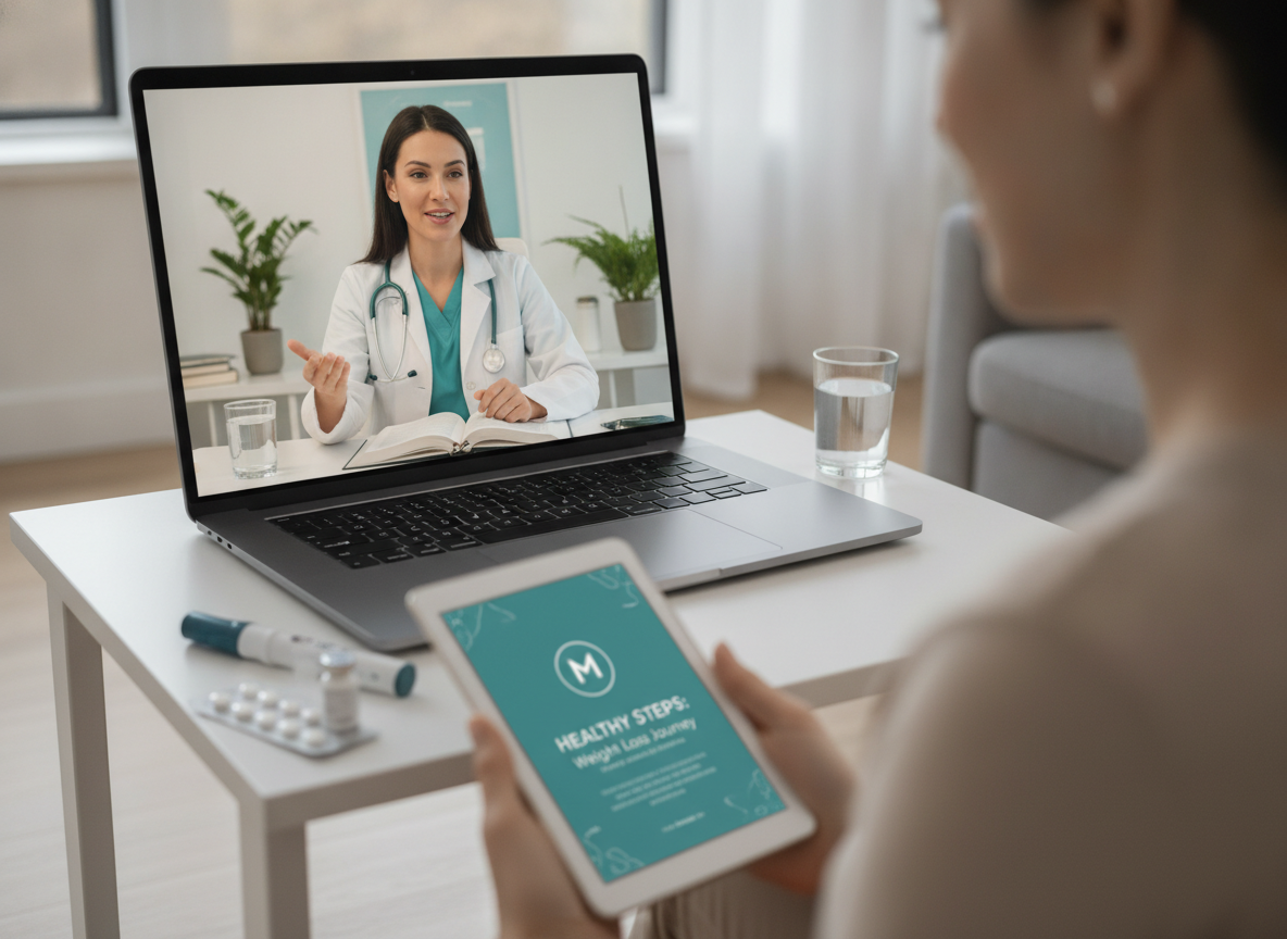 Physician-guided GLP-1 weight loss consultation — doctor reviewing patient health profile on telehealth