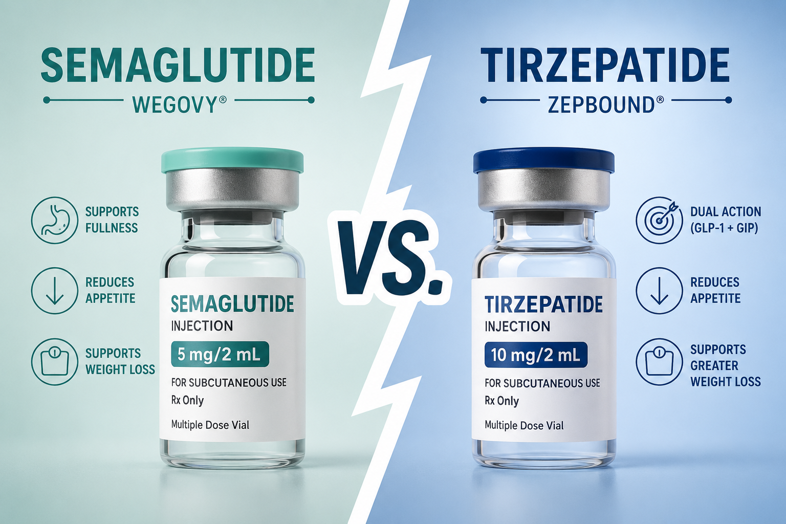 Wegovy semaglutide vs Zepbound tirzepatide comparison — FDA-approved weight loss medications