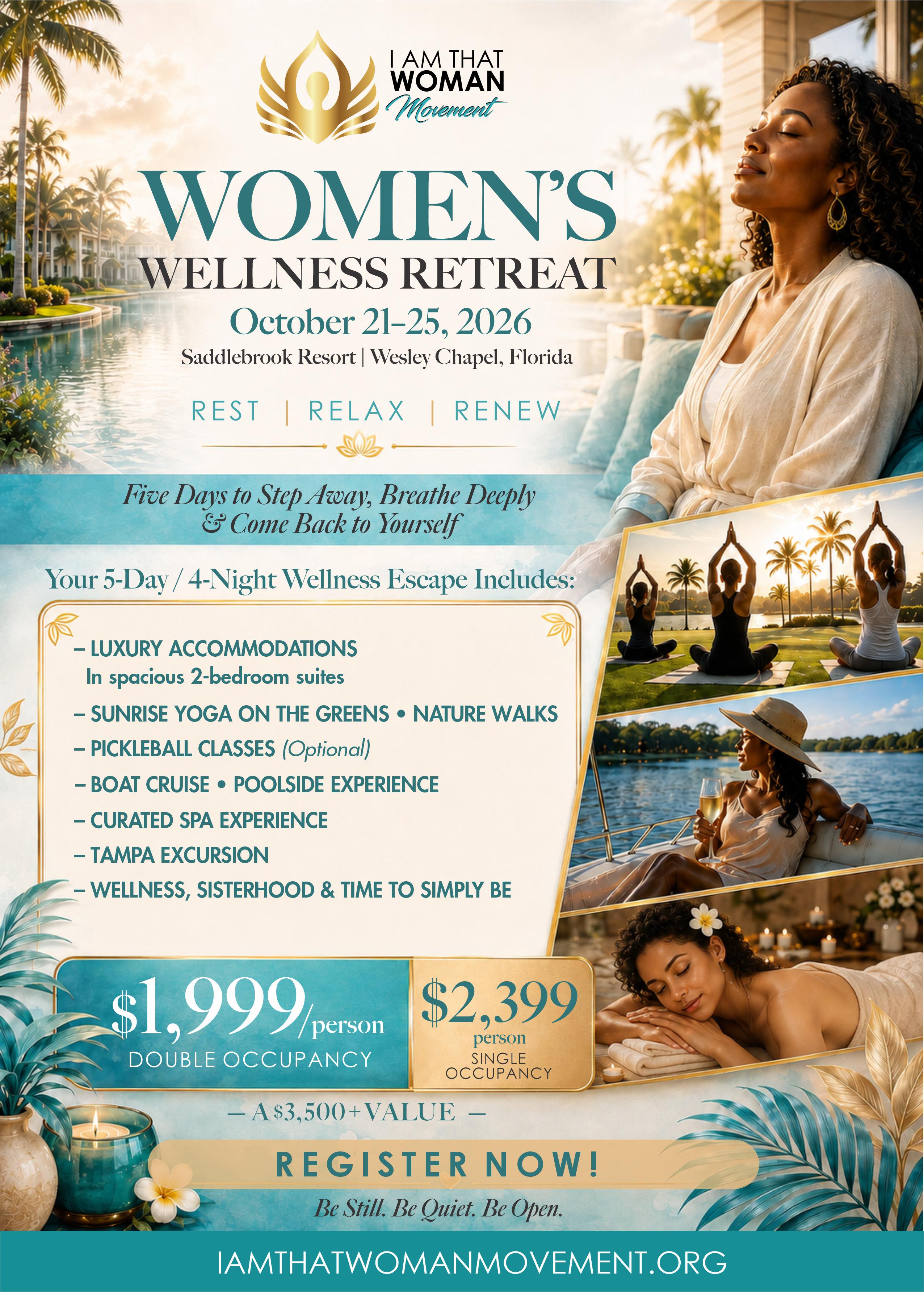I Am That Woman Movement 2026 Women's Wellness Retreat Flyer — October 21-25, Saddlebrook Resort, Wesley Chapel, Florida