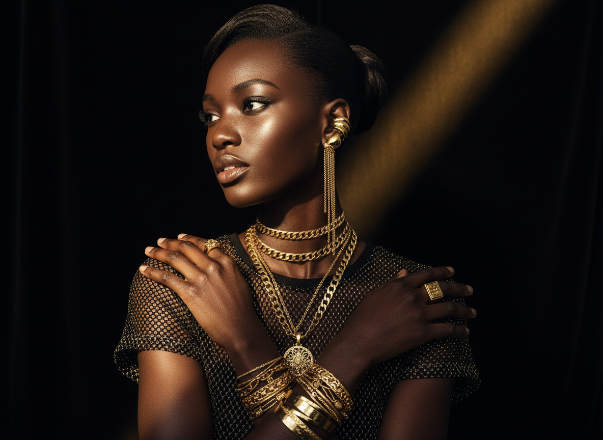 Stunning model wearing Royal Asare Jewels luxury gold jewelry collection
