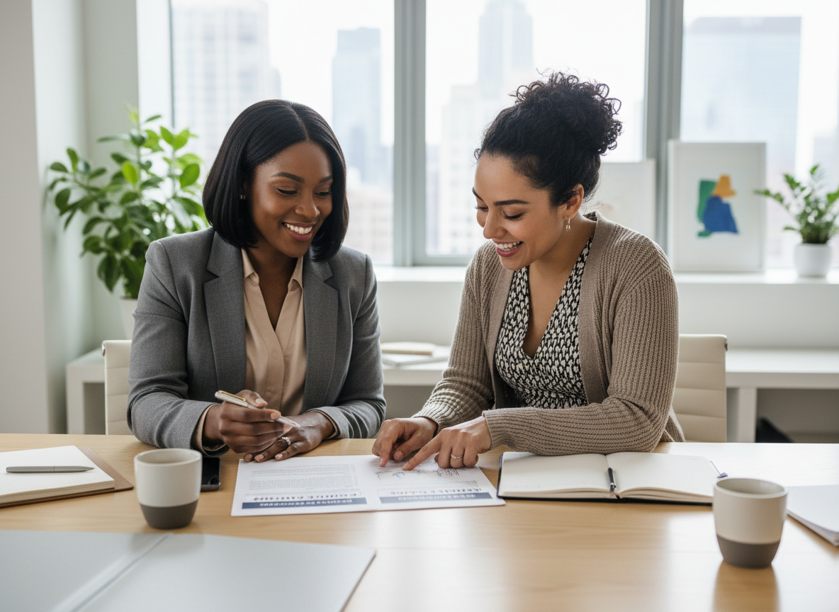 Two professional women having a consulting discussion at a table