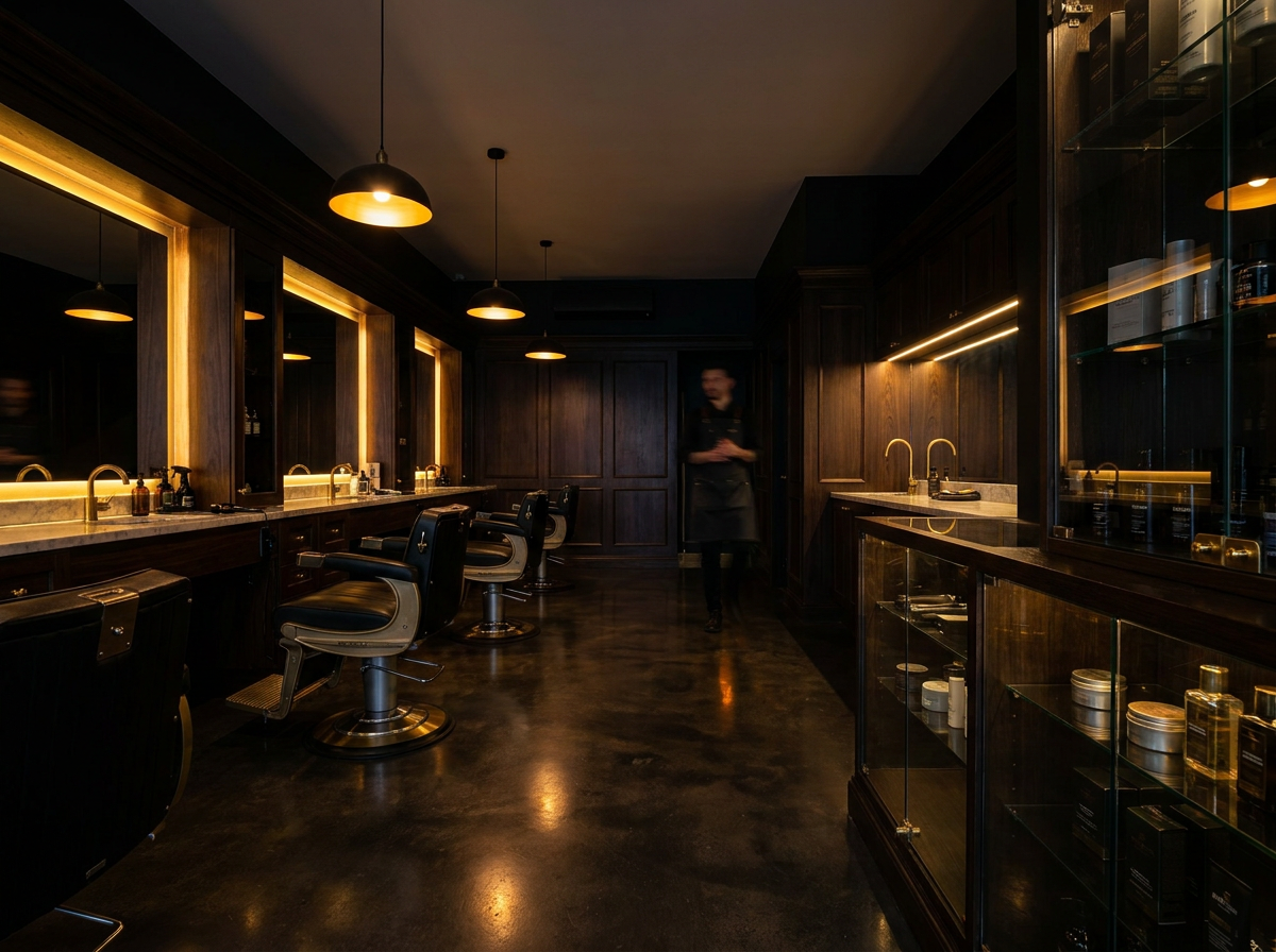 Luxury barbershop interior at Pure Masters Lounge in Rochester NY