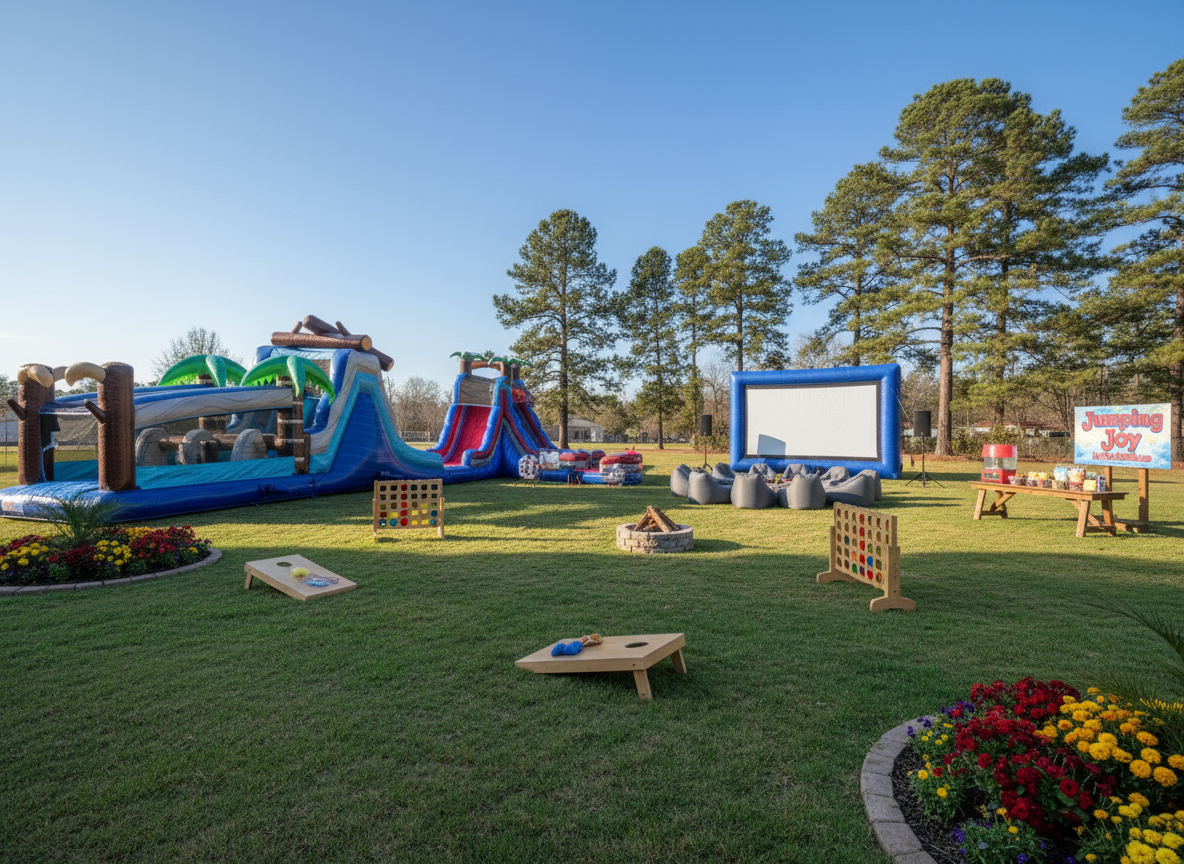 Jumping Joy Inflatables full party setup with bounce houses, water slides, movie screen, yard games, and concessions in Texarkana, TX