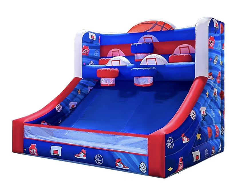 Basketball-themed inflatable shootout game in red and blue