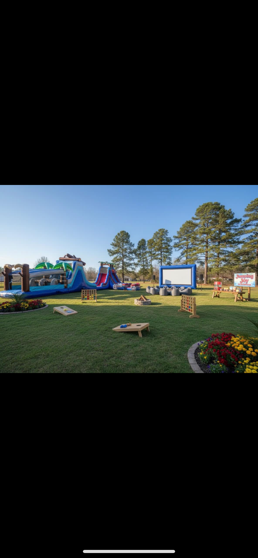 Full party setup with water slides, outdoor movie screen, yard games, and concessions in Texarkana