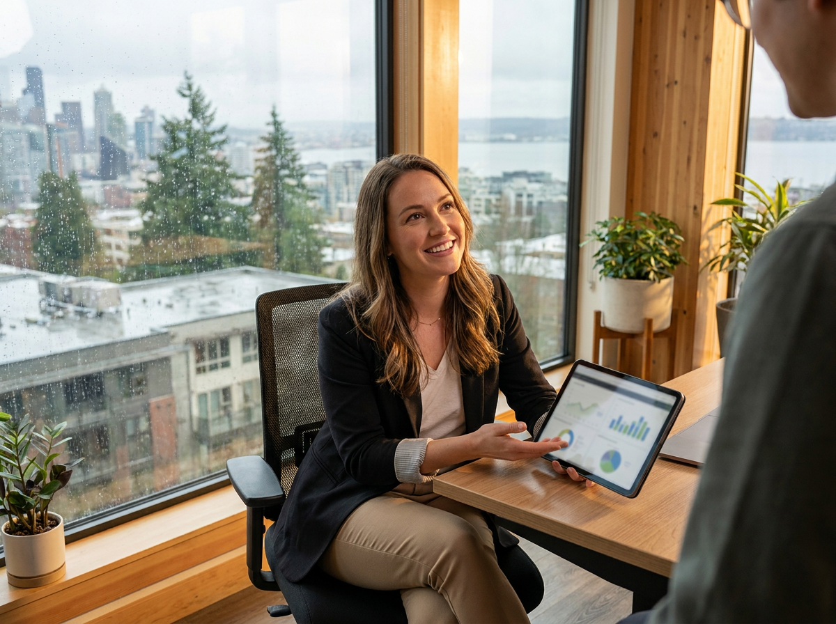 Business advisor presenting growth strategy to a service business client, Pacific Northwest