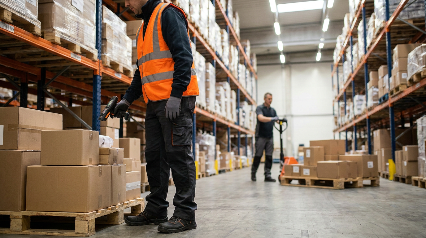 A warehouse associate scanning boxes between tall pallet racks