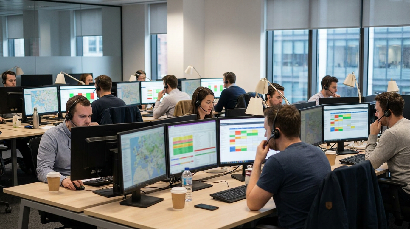 Dispatchers with headsets at an operations centre watching route maps and schedules