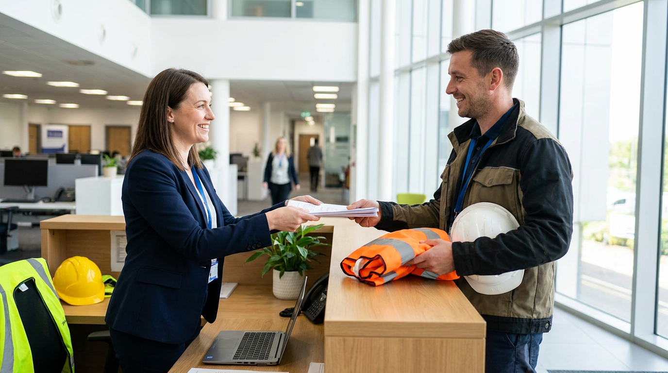 A coordinator welcoming a new worker and handing over safety gear
