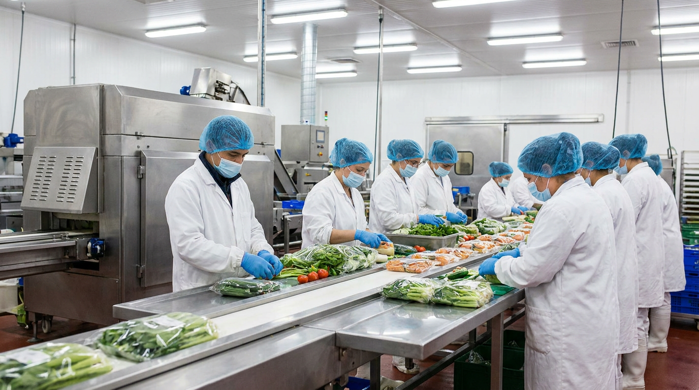 Workers in hairnets and white coats packing food on a clean processing line