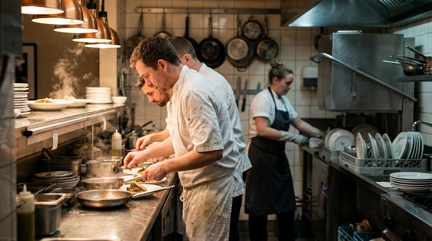 Line cooks plating dishes in a busy restaurant kitchen