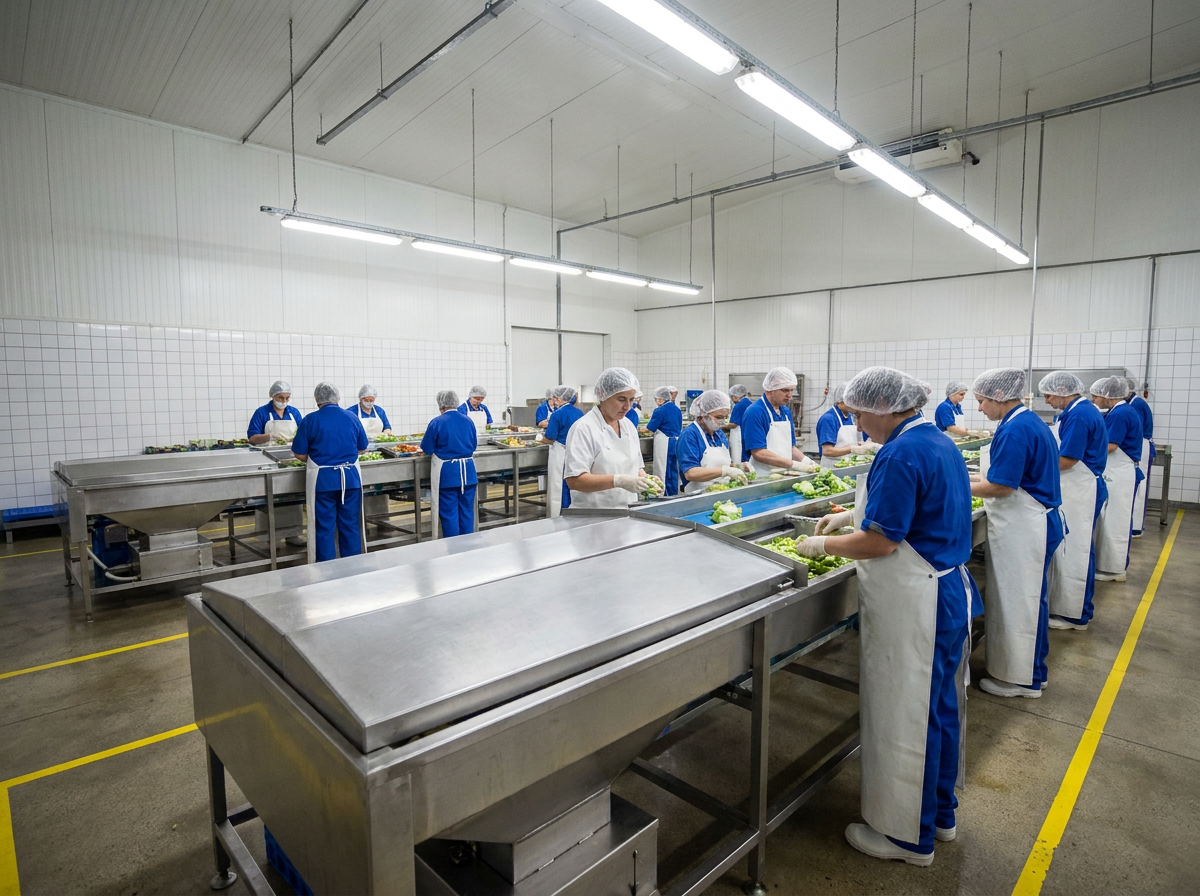 Food processing facility workers on production line