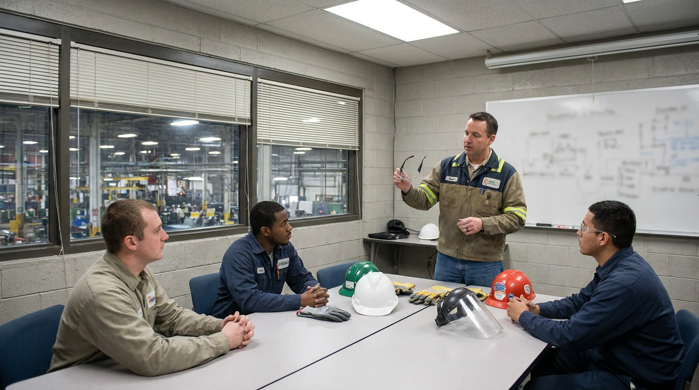 A supervisor running a safety orientation for new workers