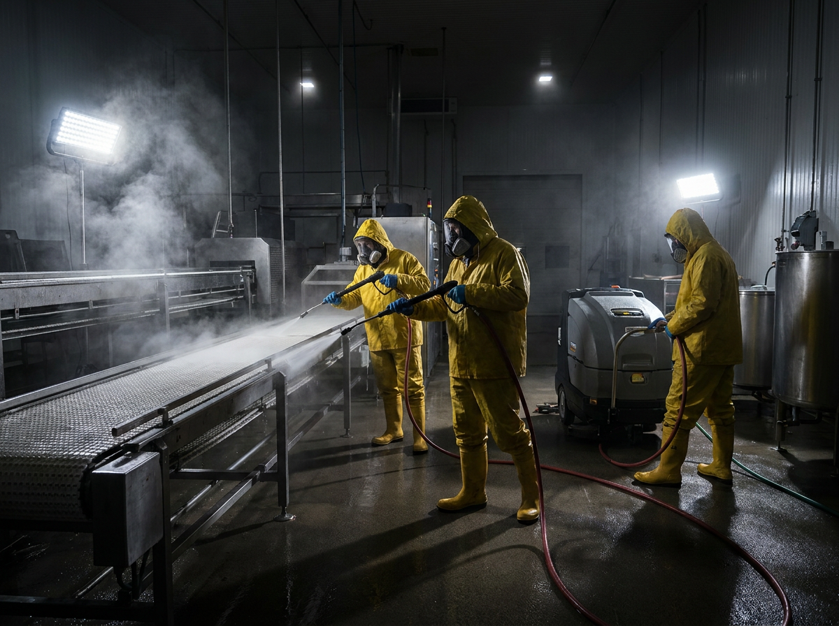 Industrial sanitation crew in protective gear cleaning facility