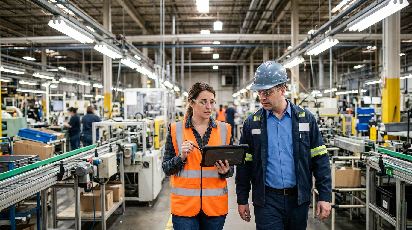 A workforce consultant walking the factory floor with a plant manager