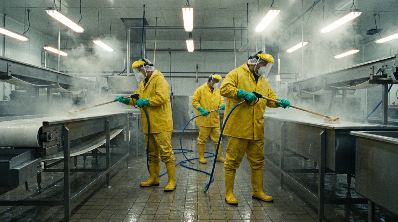 A sanitation crew in protective gear cleaning stainless steel equipment