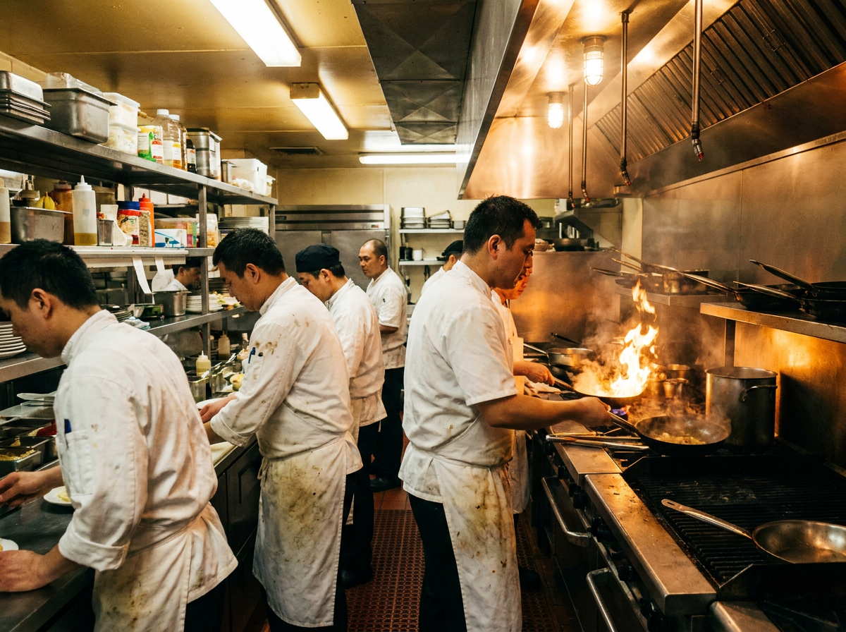 Restaurant kitchen back of house chefs working during service