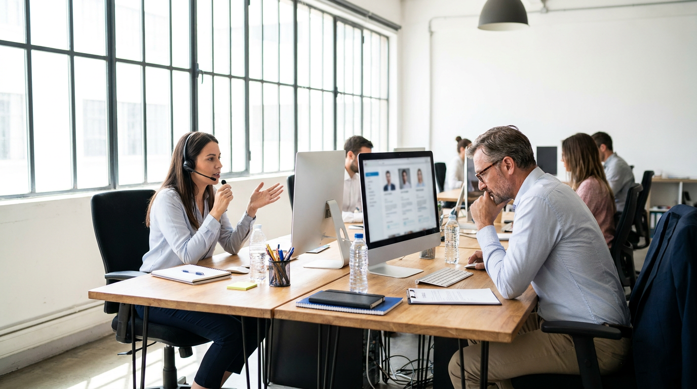 Recruiters at work in a bright open office