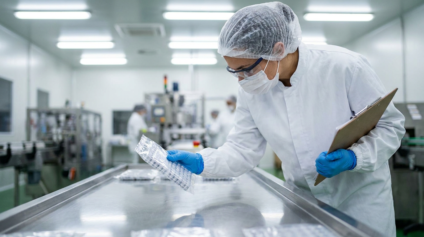 A quality inspector checking packaged products at an inspection station