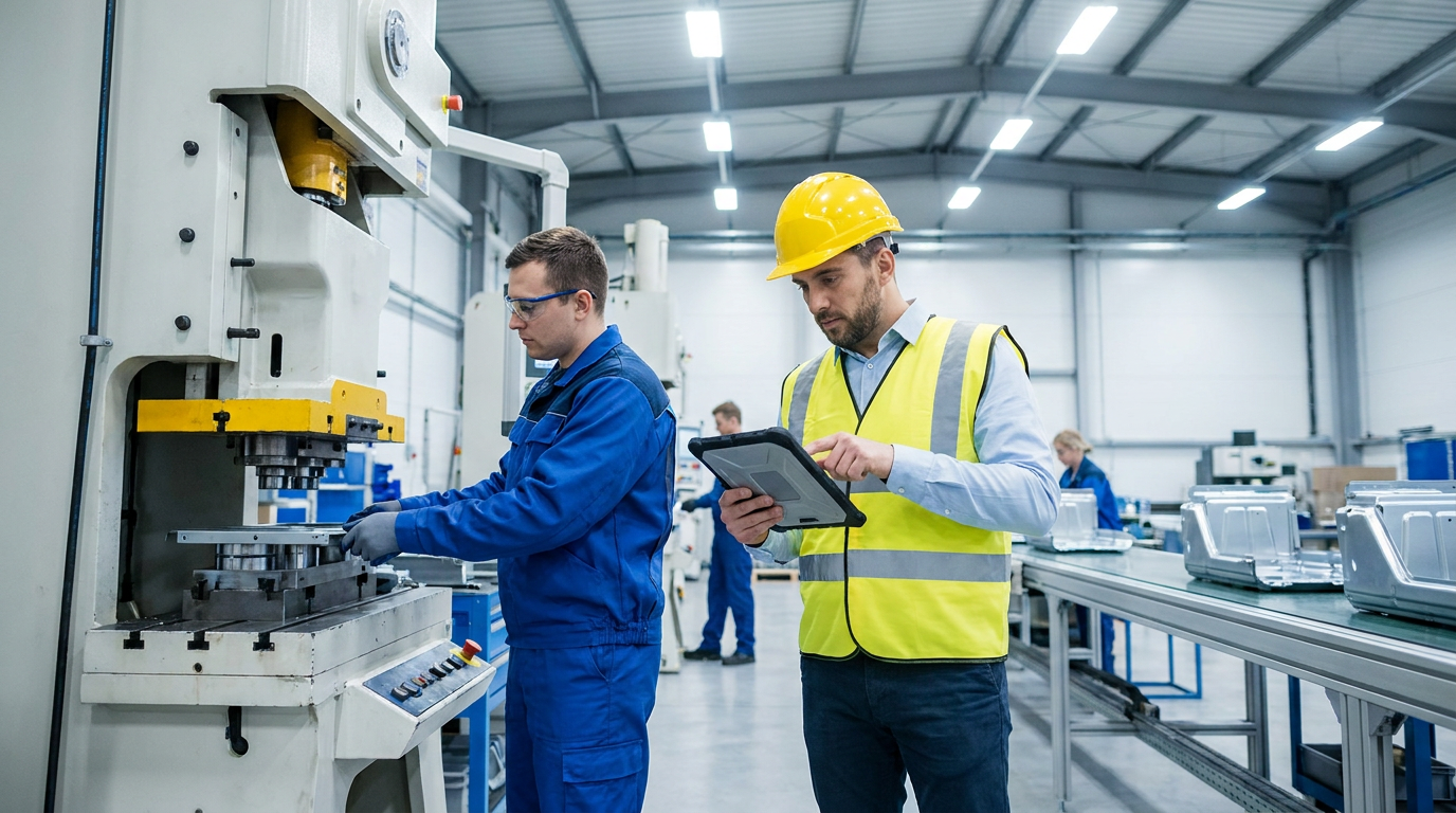 A machine operator and a team lead at an assembly station inside a plant