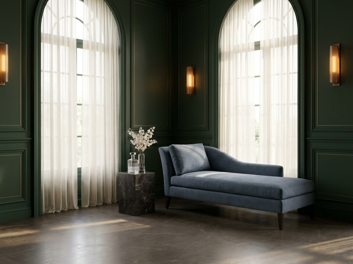 Ultra-luxury European atelier wellness sanctuary with slate blue chaise longue, deep forest green panelled walls and crystal glass vessel — EBOO blood filtration and longevity home design by Beverly Hills Luxury Interiors