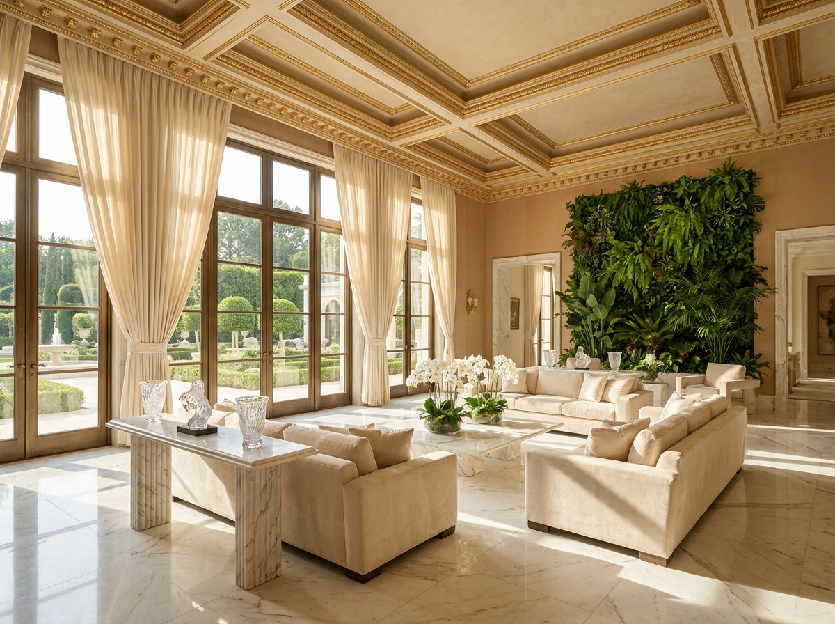 ÖND palatial grand salon with Calacatta marble, crystal Lalique vases, and biophilic design