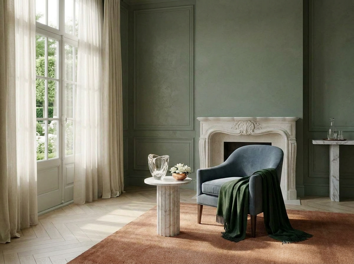 Ultra-luxury quiet luxury drawing room, sage green limewash walls, slate blue velvet armchair, crystal art glass vessel, terracotta rug, white oak herringbone parquet — Five Senses design by Beverly Hills Luxury Interiors