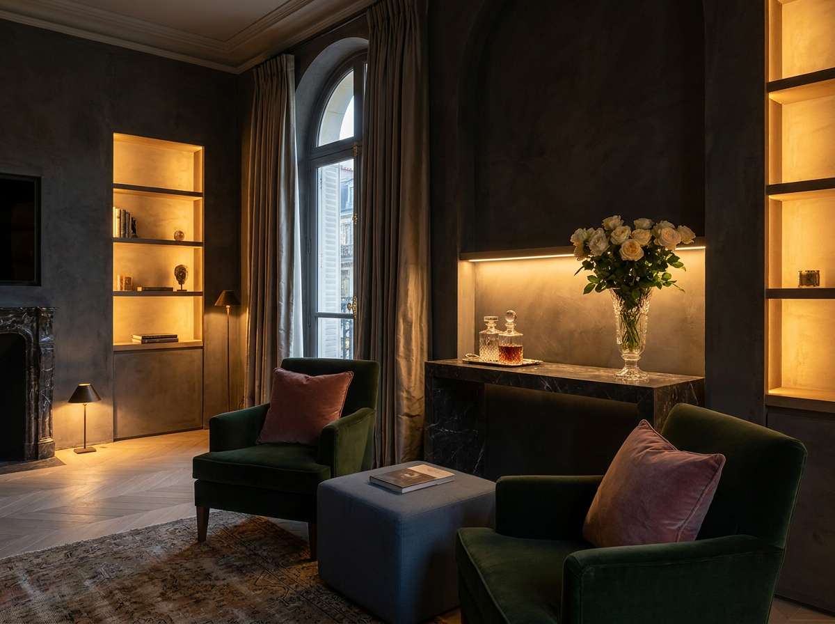 Ultra-luxury drawing room at dusk with warm amber architectural lighting glowing from within deep niches in charcoal plaster walls, crystal vessel with cream roses on marble console — Circadian Light Architecture by Beverly Hills Luxury Interiors