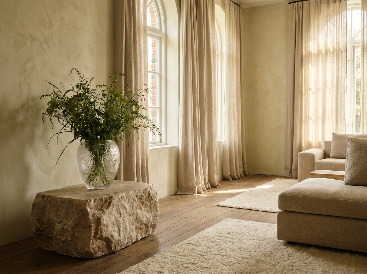 Natural material luxury sanctuary with Lalique crystal vase, material purity biohacking interior