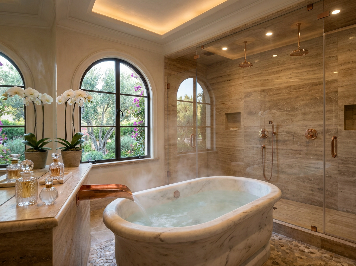 ÖND palatial marble bathroom with copper waterfall faucet