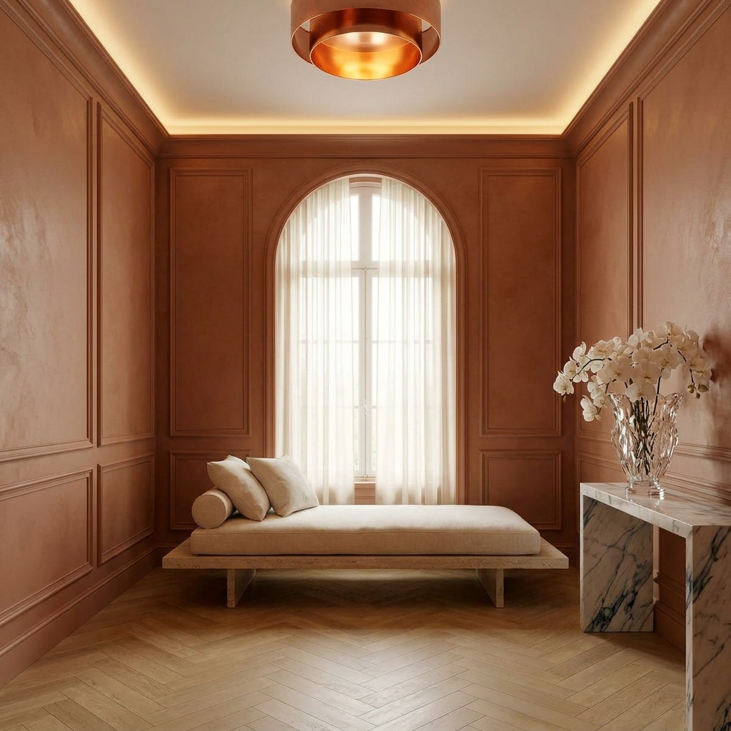 Ultra-luxury EBOO recovery suite, warm charcoal limewash walls, sage green linen daybed, forest green drapes, crystal glass vessel with white roses, brass floor lamp — EBOO blood filtration longevity design by Beverly Hills Luxury Interiors