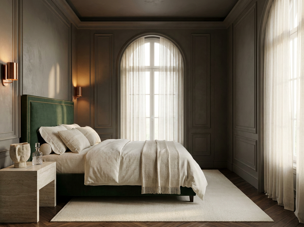 Ultra-luxury master bedroom with deep forest green linen headboard, ivory natural linen bedding, warm charcoal plaster walls, natural stone water vessel, copper sconce — Microplastics and Material Purity by Beverly Hills Luxury Interiors