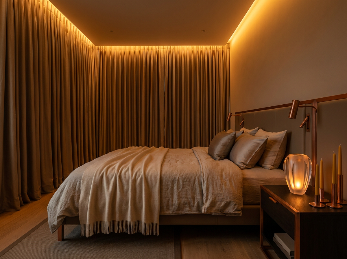 ÖND ultra-luxury master bedroom with full circadian lighting system — amber evening mode, natural linen, grounding mat, EMF-free zone