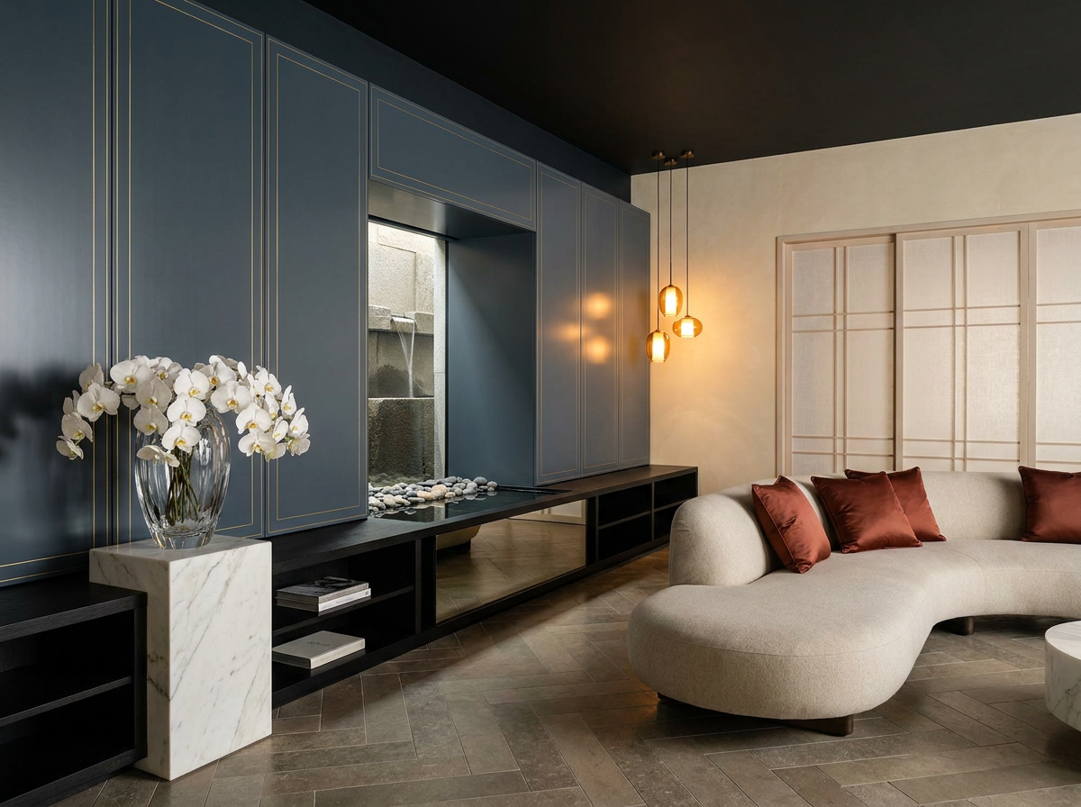 Ultra-luxury East-meets-West fusion interior with slate blue lacquered panels, Japanese stone water feature, crystal glass vessel on marble plinth with white orchids — East-meets-West longevity design by Beverly Hills Luxury Interiors